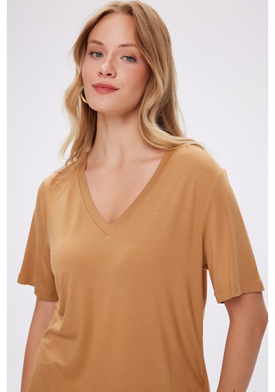 Faik Sönmez V Yaka Kısa Kol T-shirt W27tsh001 Bw27tsh00135 Camel