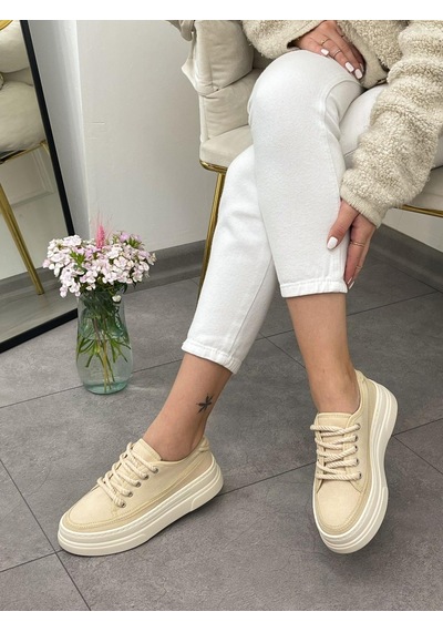 Erva'nın Butiği Ekru Keten Werner Bağcıklı Kadın Sneakers-5358