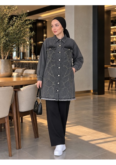 Esra Butik78 Kot Ceket Desenli, Düğmeli, Büyük Beden Uyumlu Füme