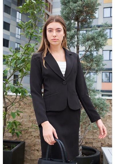 Yakalı Flato Cepli Uzun Kol Pamuklu Kumaş Kısa Blazer Ofis Ceket-siyah Siyah
