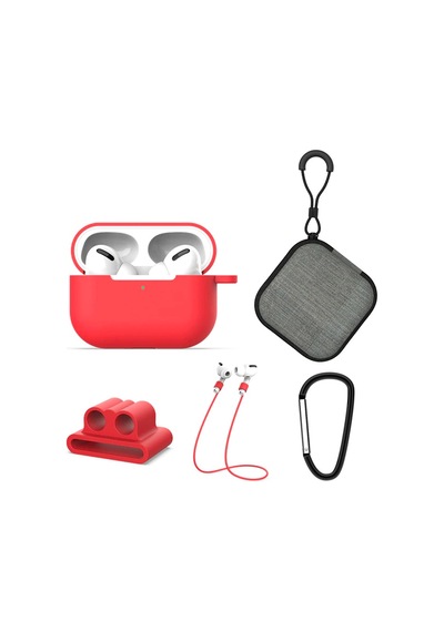 Ally 5 in 1 Apple Uyumlu AirPods Pro Koruma Çantalı Kulaklık Kılıf Seti Kırmızı