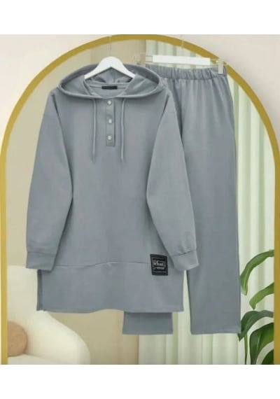 Lovie Moda Kadın Yarım Pat Düğmeli İkili Takım Gri