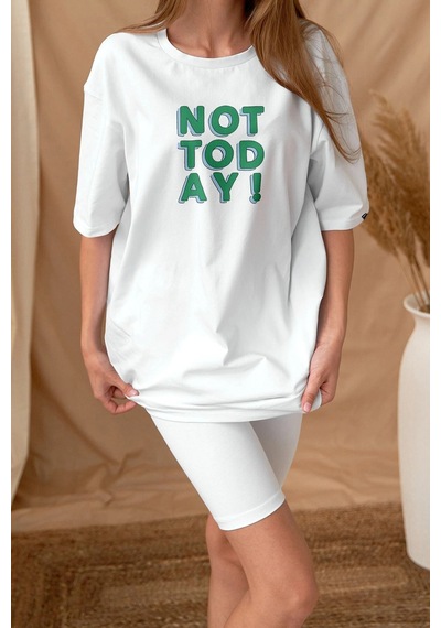 Oversize Not Today Baskılı Beyaz Tshirt Nrage26 Beyaz