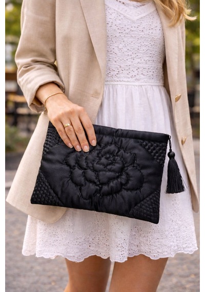Ky Atelier Siyah Saten Kapitone Portföy Çanta- El Yapımı Clutch- Abiye & Günlük Kullanım- Şık Kadın Çanta