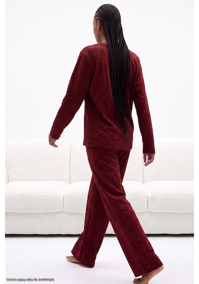 Siyah İnci Leopar Baskılı Örme Pijama Takım 8078 Bordo Leopar