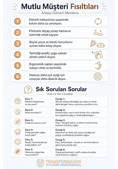 Transformacion Professional Dönerli Ahşap Merdane 43 Cm, Ergonomik Şef Tipi Hamur Açma, Profesyonel Pizza, Börek Ve