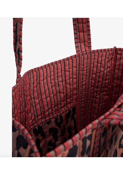 İcone Bag Patch Yama Desen Baskılı Kapitoneli Plaj Çantası, İçi Çizgili Baskılı Shopper Çanta, Pembe Plaj Çantası Leopar