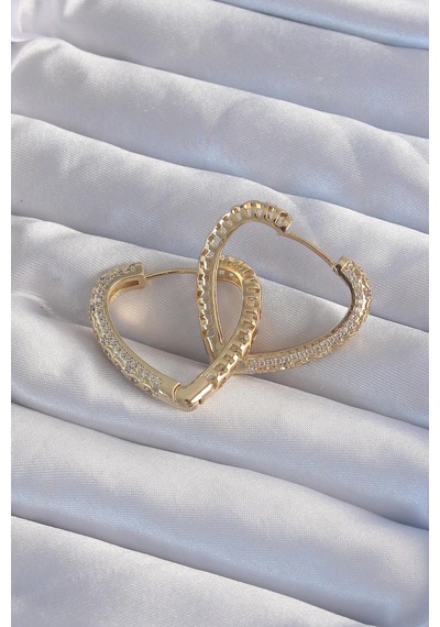 Pirinç Gold Renk Zirkon Taşlı Motifli Kalp Küpe
