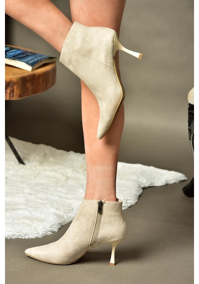 Fox Shoes N282102102 Bej Süet İnce Topuklu Sivri Burun Kadın Bot Bej