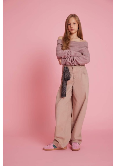 Defacto Kız Çocuk Baggy Fit Leopar Fular Detaylı Gabardin Pantolon G3696a825wnbn45 Kahve