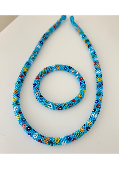 Chichibeads Mavi Papatya Desenli Kolye Bileklik Set Beyaz - Mavi