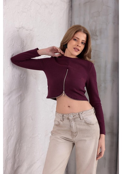 Ckm Moda Mira Selanik Oval Fermuar Bluz Bordo