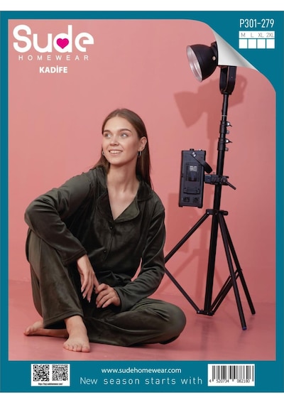 Sude Kadın Kışlık Gömlek Yaka Kadife Pijama Takımı P301/279- 1 Adet Haki