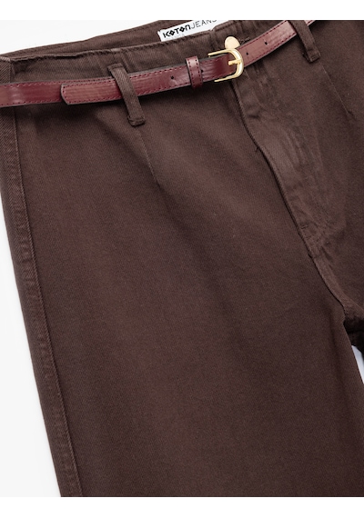 Koton Pamuklu Geniş Paça Kemerli Crop Pantolon - Wide Leg Jeans Kahverengi 7wal40008mw Kahve