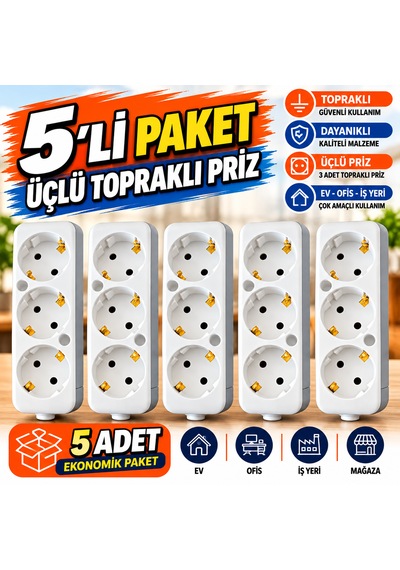 5'li Paket 3'lü Topraklı Grup Priz Kasası Beyaz Kabl Osuz Anahtarsız 16a 250v Ev Ofis Iş Yeri Kullanımı 0