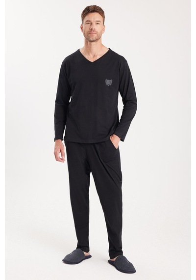 Tudors Erkek Standart Fit %100 Pamuk V Yaka Beli Lastikli Siyah Pijama Takımı-37939 Siyah