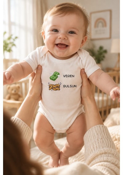 Babysena Para Veren Altın Bulsun Hediyelik Kız & Erkek Bebek Body / Zıbın Bej - Beyaz