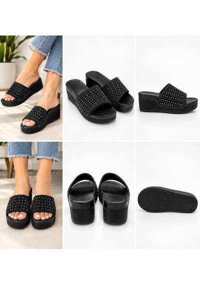 N Napa Shoe Snp-990- Siyah Taş Detaylı Dolgu Topuk Kadın Terlik