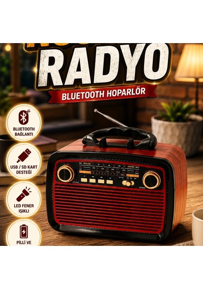 Nostalji Radyo Bluetooth Hoparlör Usb Sd Kart Girişli Led Fener Işıklı Taşınabilir Bataryalı Hoparlö