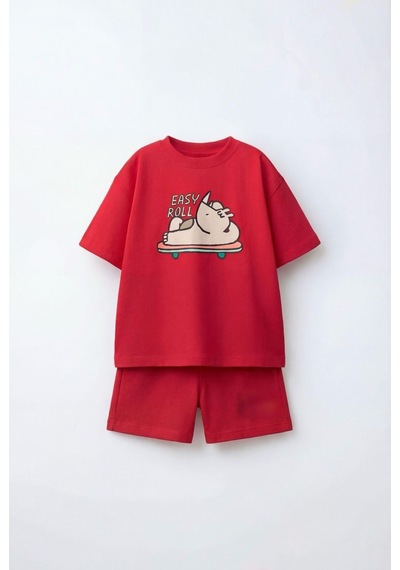 Magu Erkek Çocuk Pamuklu Gergedan Baskılı Kırmızı T-shirt Şort Takım
