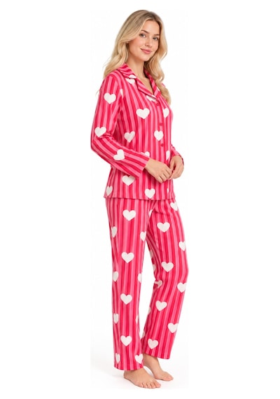 Sleeeproom Kadın Süet Düğmeli Mevsimlik Çizgili Kalp Desen Pijama Takımı Kırmızı Kalpli