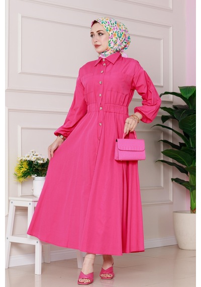 Sevitli Beli Lastik Detaylı Yasemin Elbise-pembe-4822 Pembe