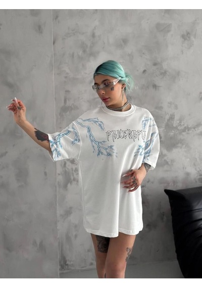 Kadın Tişort Bisiklet Yaka Yıldırım Şimşek Baskılı Kısa Kol T-shirt - Beyaz