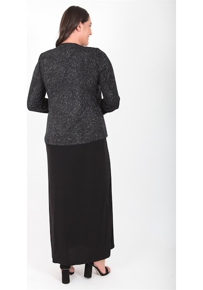 Ladies First Büyük Beden 3306 Siyah Gümüş Abiye Ceket+Elbise Takım