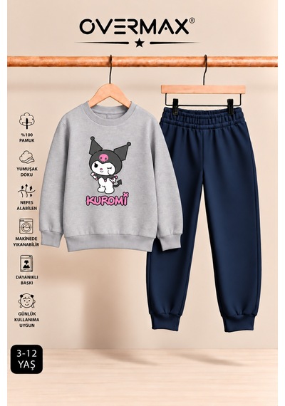 Overmax Kuromi Baskılı Kız Çocuk Kapüşonsuz Sweatshirt & Eşofman Takımı- 3-12 Yaş Gri Üst-lacivert Alt - 922298980 Gri Üst-lacivert Alt