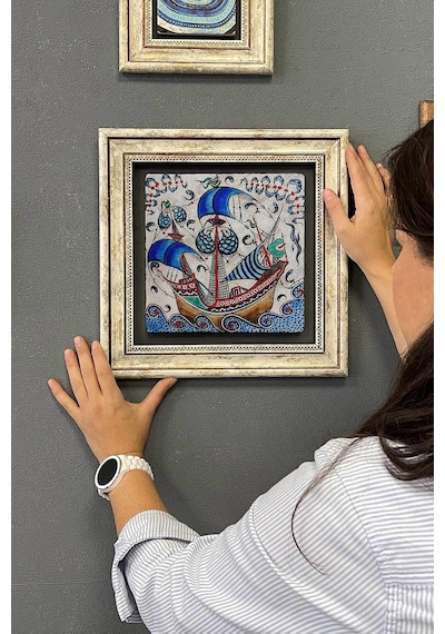 Oscar Stone Decor Çerçeveli Tablo Taş Duvar Dekoru 30 X 30 Cm Çini Seramik Gemi Çok Renkli