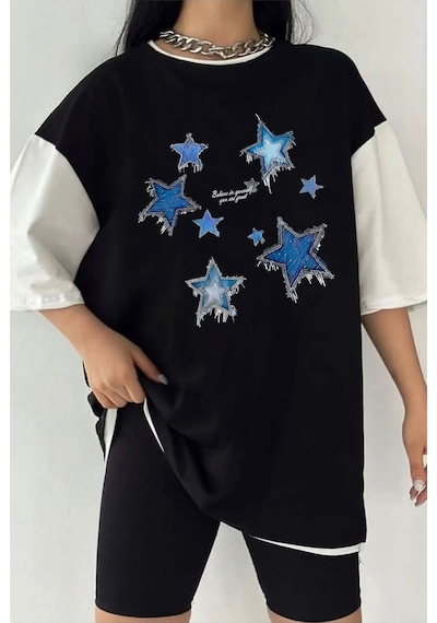 Startmore Çift Renk Yıldız Baskılı Unisex Tshirt Beyaz