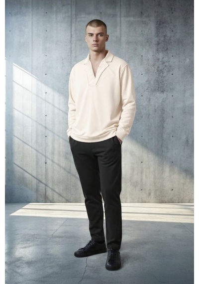 Black Steel Ceket Yaka Casual Erkek Sweatshirt Bej
