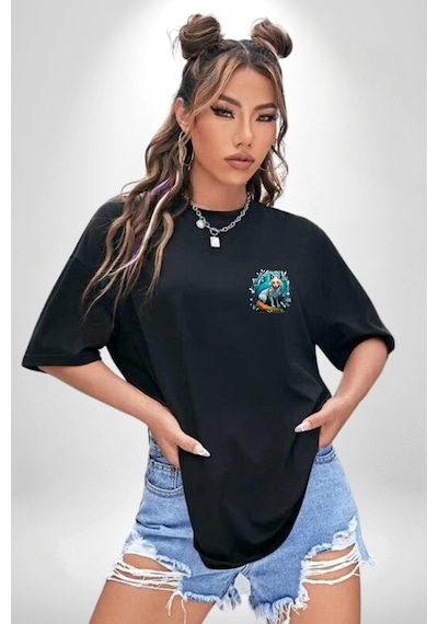 Beyaz Kurt Altın Maske Doğa Siyah Oversize Unisex Ön Sol Yan Minimal Baskılı Tişört Koyu Siyah