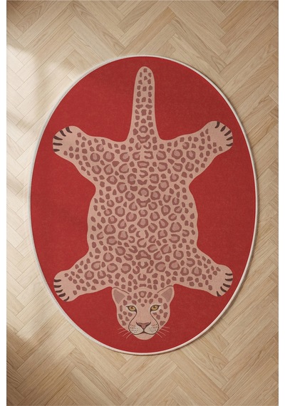 Leopar 03 Kırmızı Pembe Leopar İnce Vintage Görünüm Şönil Dokuma Oval Oturma Odası Ev Koridor Halısı