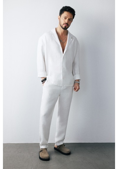 Avva Erkek Beyaz Beli Lastikli %100 Keten Relaxed Fit Pantolon B003032