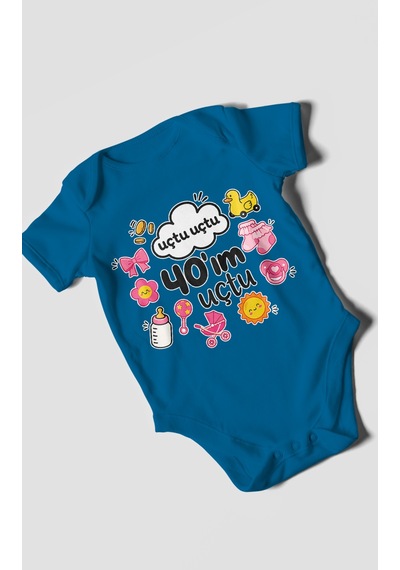 Morivokids Uçtu Uçtu 40'ım Uçtu Kısa Kollu Bebek Body %100 Pamuk Koyu Mavi