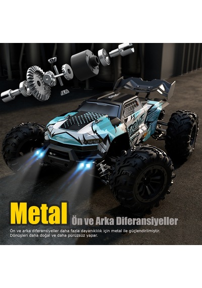 Profesyonel Rc Uzaktan Kumandalı Araba 4wd 1:16 Metal İç Aksam 70km/h Şarjlı 4x4 Model Araç - Mavi