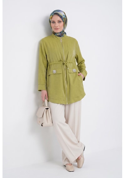 Armine Trend Beli Büzgülü Süs Cep Detaylı Tunik Yağ Yeşili 26yt424