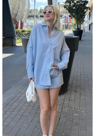 Madmext Mavi Çizgili Over Fit Gömlek Mg1525 Mavi