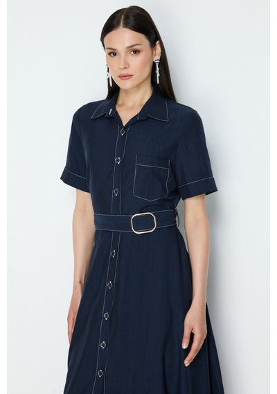 On Beli Kemerli Kısa Kollu Maxi Elbise Lacivert