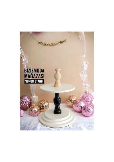 Servis Sunum Tepsisi Ahşap Ayaklı Katlı Sunum Servis Standı Pasta Kek Cupcake Standı Siyah Beyaz