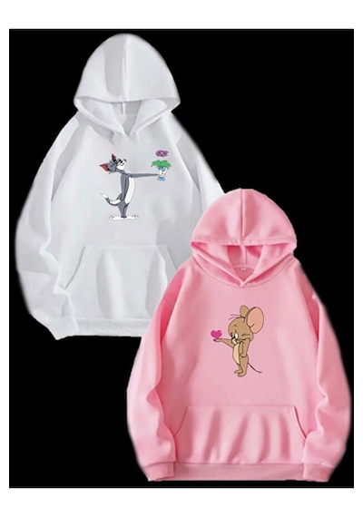Blausee Wear Sevgili Çift Kombinleri Sevgililer Günü Cicekli Tom Ve Jery 2 Li Ürün Kapşonlu Sweatshirt Beyaz - Pembe