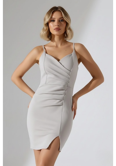 Defymoda Kadın Esnek Yapılı İnce Askı Elbise Gri