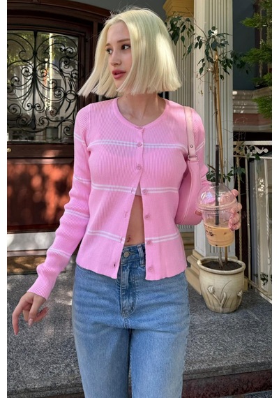 Madmext Pembe Çizgili Kadın Triko Hırka Mg2481 Pembe