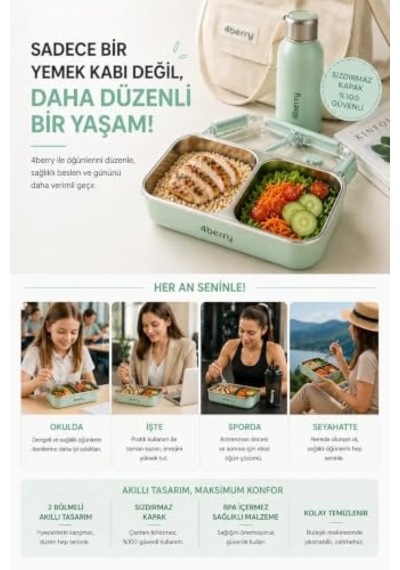 2 Bölmeli Termos Yemek Kabı, Paslanmaz Çelik, Sızdırmaz Kapak, 850 Ml, Su Yeşili