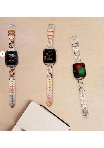 Apple Watch 38/40/41/42 Mm Uyumlu Deri Bileklik Kayışı, Renkli Örgülü Desen, Metal Zincir Tasarım Diğer