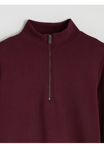 Lcw Everyday Bordo Dik Yaka Çizgili Oversize Kadın Tişört