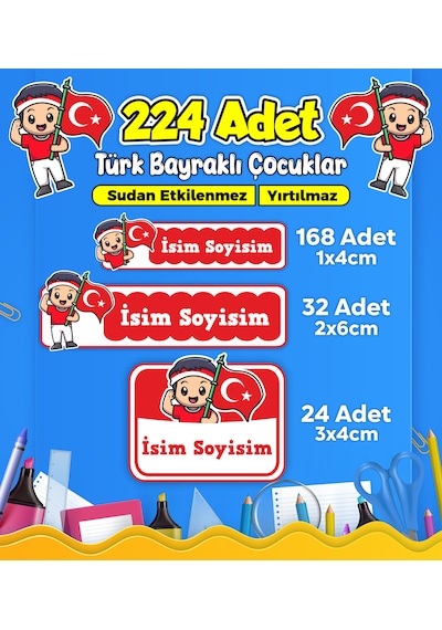 Türk Bayraklı Çocuklar Okul Kreş Kişiye Özel İsim Etiket Seti - Model 485 Çok Renkli