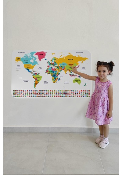 Türkçe Ülke Bayrak Lı Eğitici Başkent Detaylı Atlası Dünya Haritası Duvar Sticker -60x105-3834 - Renkli Çok Renkli