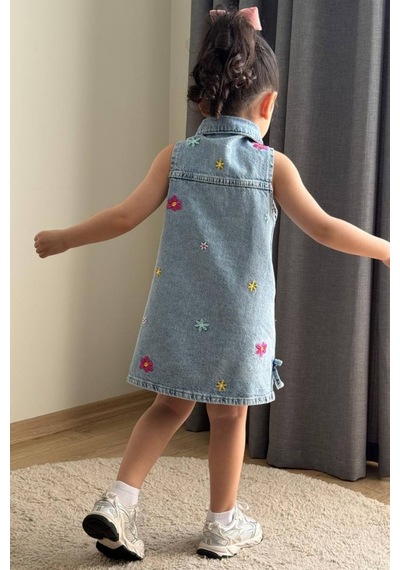 Boyboy Kidswear Kız Çocuk Çiçek Nakışlı Denim Elbise Mavi Kot Mavisi
